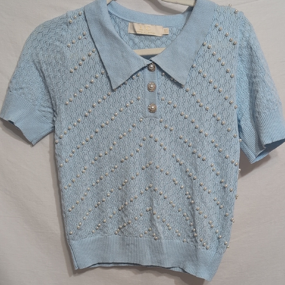 Elegant Blue Beaded Women's Blouse